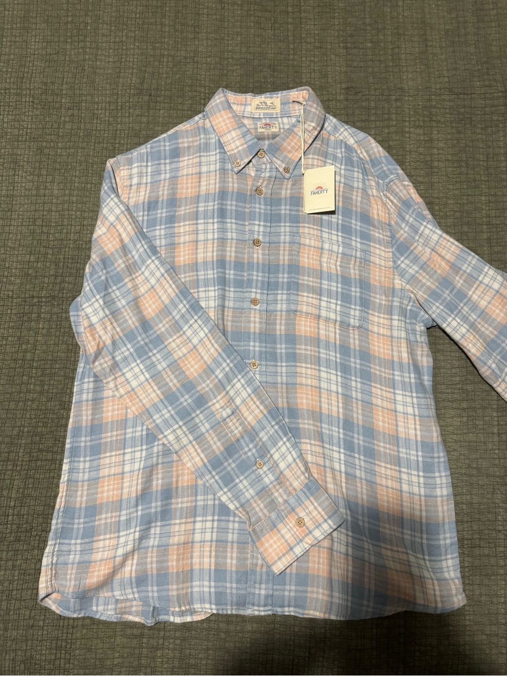 Faherty Breeze Shirt Linen TENCEL Plaid Button Down Blue Peach Large NWT